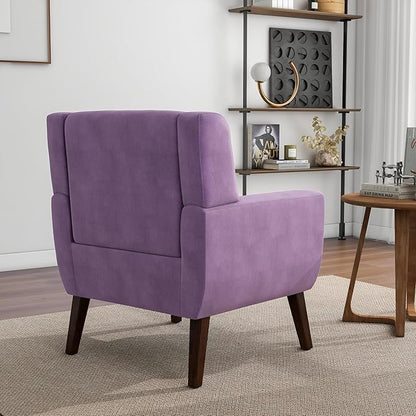 Accent Chair, Mid-Century Modern Velvet Fabric Chairs with Arms for Living Room, Comfy Upholstered Club Single Sofa Armchair for Bedroom Waiting Room with Solid Wood Frame (Velvet Purple, Set of 1)