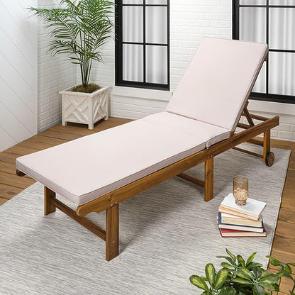 JONATHAN Y LNG1102A Mallorca 77.17"x23.62" Modern Classic Foldable Adjustable Wood Chaise Outdoor Lounge Chair with Cushion & Wheels, for Pool, Deck, Poolside, Beige/Natural