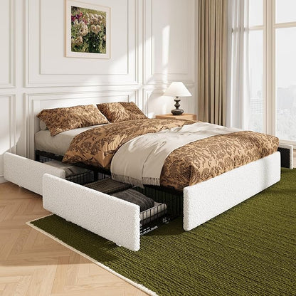 Allewie Queen Size Bed Frame with 4 Oversized Storage Drawers, Soft Teddy Fabric, Boucle Upholstered Platform Bed, Wooden Slats Support, Noise-Free, No Box Spring Needed, Easy Assembly, White