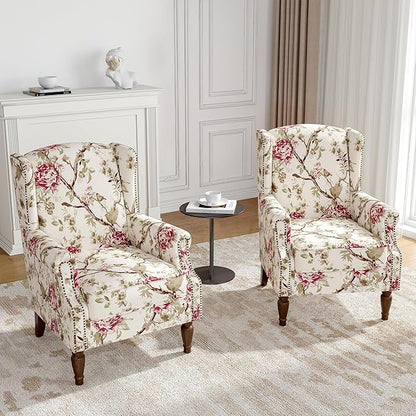 Floral Wingback Accent Chairs Set of 2, High Back Upholstered Armchair, Comfy Fabric Wingback Arms Chairs with Solid Wood Legs, Single Sofa Reading Chair for Bedroom Living Room, Beige