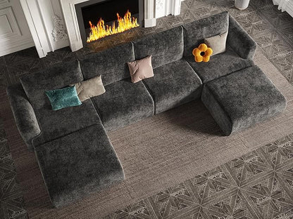 EASE MOOSE Boneless Modular Cloud Couch, Oversized U-Shaped Sectional Sofa for Living Room with Ottoman, Extra Large Movable Couches, 6-Deep-Seat Sofas for Bedroom, Apartment, Chenille (Dark Grey)