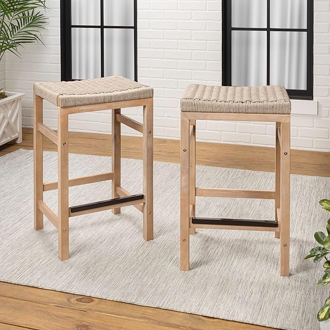 JONATHAN Y CSL1201A-SET2 Armand 25.6" Modern Coastal Backless Acacia Wood Outdoor Counter Stool with Woven Rope Seat, for Pool, Deck, Poolside, Light Teak/Ivory (Set of 2)