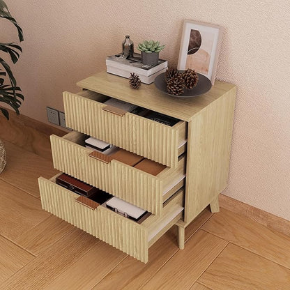 Fluted 3 Drawer Dressers, Modern Closet Dressers Chest of Drawers, Wood Storage Dresser Chest of Drawers Organizer for Bedroom Living Room Hallway Closet(Natural)