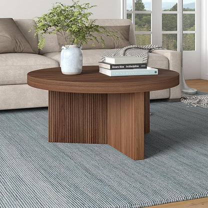 Henn&Hart 32" Fluted Round Low-Profile Coffee Table with Ribbed Pedestal Base Living Room, Family Room, Office, or Apartment, Satin Walnut