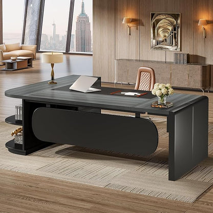 Tribesigns 81-Inch L-Shaped Executive Desk, Large Modern Office Desk with Drawers and File Cabinet for Home or Business Workspace, Grey & Black Computer Desk with Storage Shelves