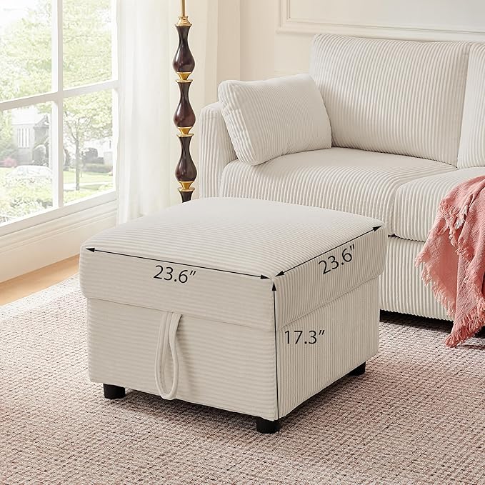 Corduroy Storage Ottoman for Living Room Sofas Couches, Square Ottoman with Storage Space Foot Rest Stool for Apartment, Dorm, Entryway, Beige