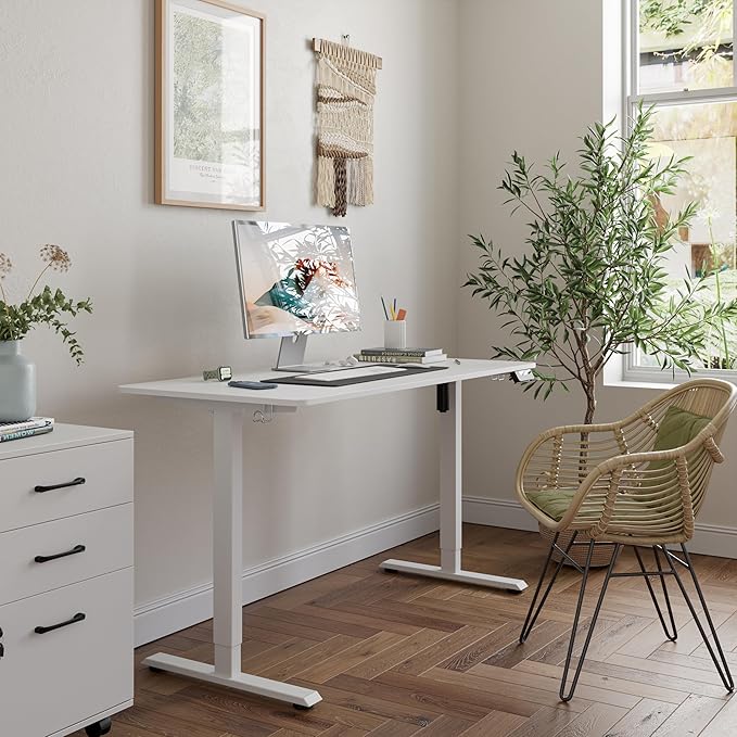 FEZIBO One-Piece Standing Desk Adjustable Height Stand up Home Office Desk, 40x24 Inch Electric Standing Computer Desk, with 4 Memory Presets, Headphone Hook, White