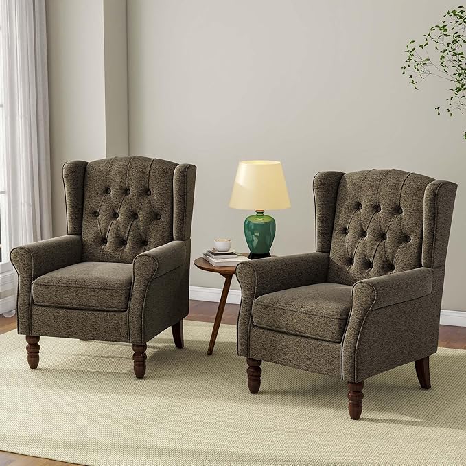 Accent Chair, Upholstered Armchair with Button Tufted High Back & Solid Wood Legs, Comfy Wingback Reading Single Sofa Chair for Small Spaces, Living Room, Bedroom-Taupe, Set of 2