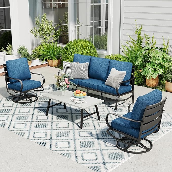 Sophia & William Patio Furniture Sets 5 Seats Outdoor Metal Conversation Sets with 2 x Cushioned Swivel Sofa Chairs,1 x 3-Seat Sofa, 1x Marbling Metal Coffee Table Lawn Backyard Poolside Peacock Blue