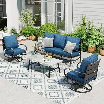 Sophia & William Patio Furniture Sets 5 Seats Outdoor Metal Conversation Sets with 2 x Cushioned Swivel Sofa Chairs,1 x 3-Seat Sofa, 1x Marbling Metal Coffee Table Lawn Backyard Poolside Peacock Blue
