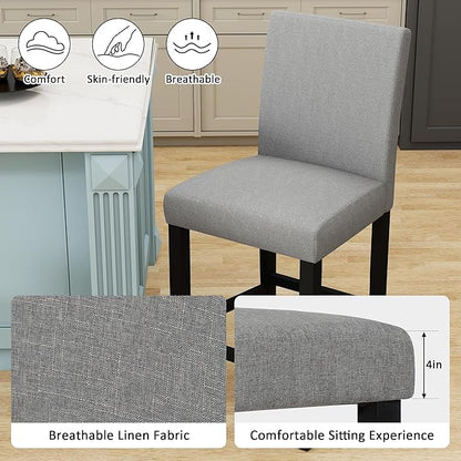 LSSPAID Bar Stools Set of 2, 24.8 Inch Upholstered Fabric Counter Height Stools, Modern Kitchen Island Wood Bar Chairs Barstools with Backrest and Solid Wood Legs, Grey