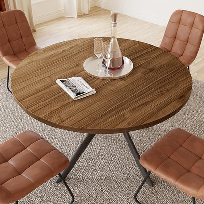 45.3 Inch Modern Round Dining Table for 4, Space-Saving Dinette with Carbon Steel Legs for Home Kitchen Apartment(Light Walnut Table)