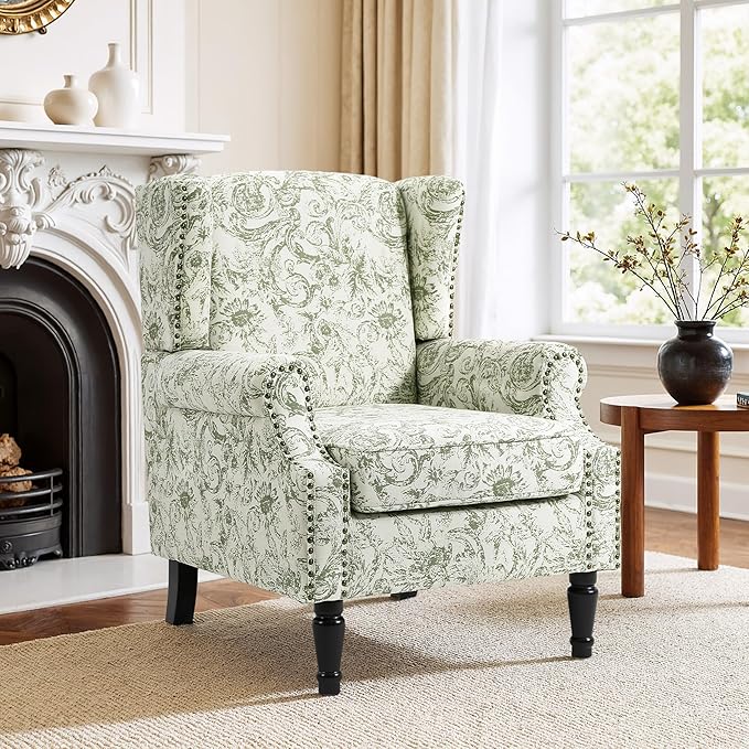 Accent Chair, Upholstered High Back Floral Armchair with Nailhead Trim & Wood Legs, Comfy Wingback Reading Single Sofa Chair for Small Spaces, Living Room, Bedroom