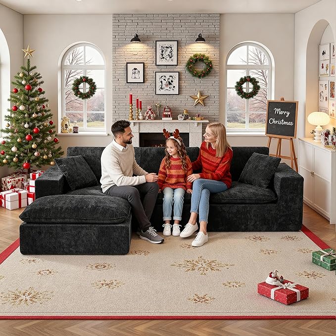 108" Sectional Couches for Living Room Boneless Couch Upholstered Cloud Couch Sectional Modular Sectional Sofa with L Shaped (Chenille-Black, 3 Seat+1 Ottoman)