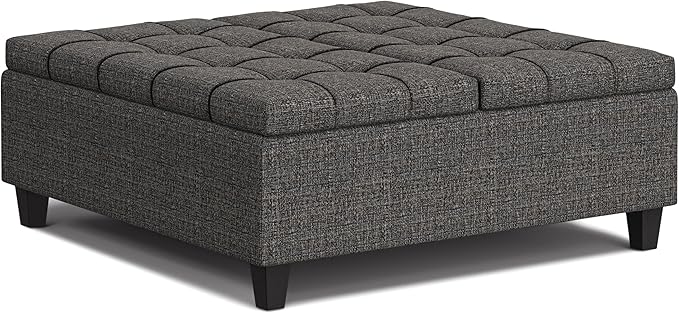 SIMPLIHOME Harrison 40 inch Wide Transitional Square Large Coffee Table Storage Ottoman in Ebony Polyester Tweed, Assembled, for The Living Room and Bedroom