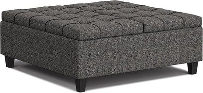 SIMPLIHOME Harrison 40 inch Wide Transitional Square Large Coffee Table Storage Ottoman in Ebony Polyester Tweed, Assembled, for The Living Room and Bedroom
