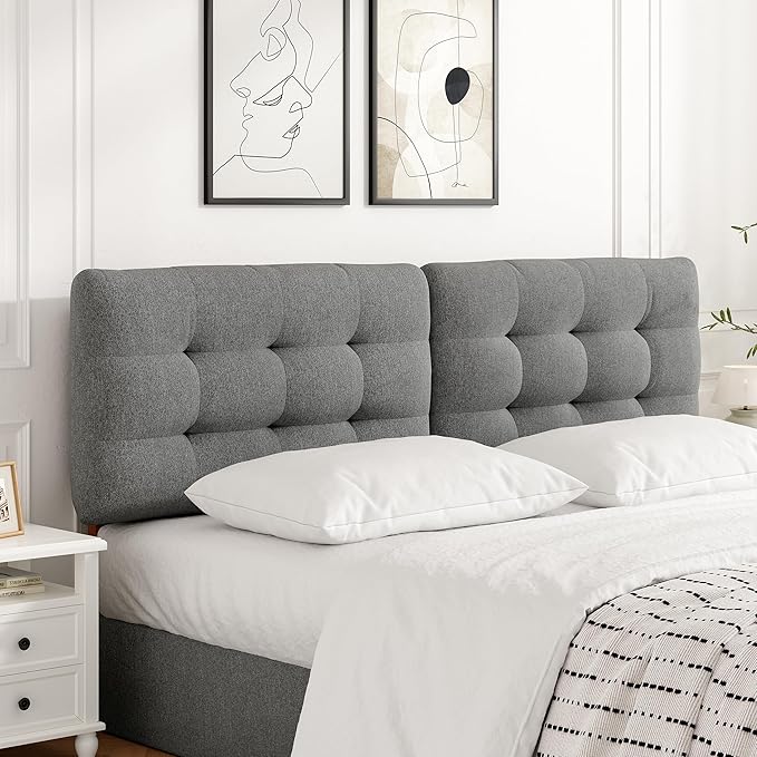Tufted Upholstered King Headboard, Adjustable Height King Size Headboard Only from 39”to 44” with Durable Solid Wood Legs, Modern Button Diamond Fabric Head Board with Width Adapters, Grey