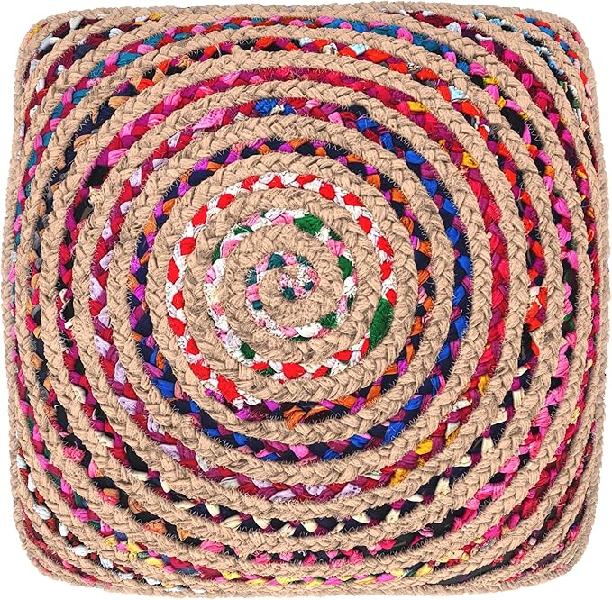 SIMPLIHOME Margo Square Pouf - 20 inch Wide Handwoven Jute and Cotton Chindi Braided Ottoman in Multi-Color, Boho-Style Footstool or Extra Seating for Living Room with Polystyrene Beads, Assembled