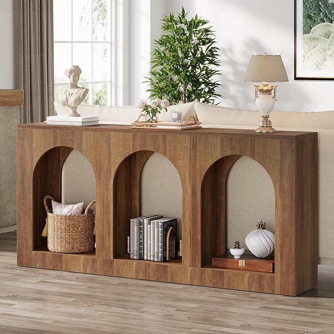Tribesigns 70.9" Console Table with Storage, Wood Entryway Entry Table with 3 Arched Shelves for Foyer, Hallway, Living Room, Behind Couch Sofa, Narrow Long, Brown