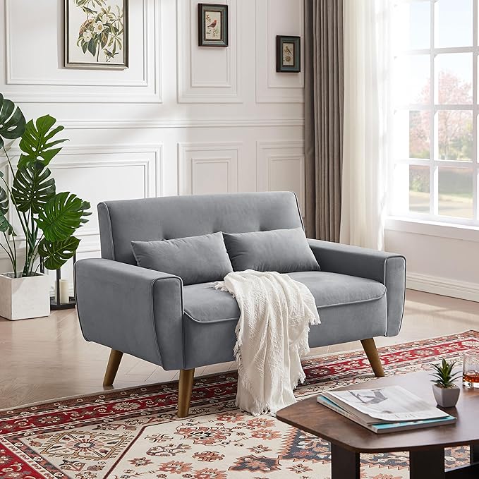 48" Small Loveseat Sofa, Mid Century Modern Love Seat with Back Cushions and Plastic Legs, 2 Seater Couches for Living Room, Bedroom, Small Spaces, Light Grey