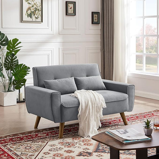 48" Small Loveseat Sofa, Mid Century Modern Love Seat with Back Cushions and Plastic Legs, 2 Seater Couches for Living Room, Bedroom, Small Spaces, Light Grey