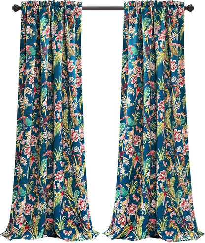 Lush Decor Dolores Light Filtering Window Panels, Pair, 52" W x 84" L, Navy & Multi - Floral Curtains for Bedroom - Vintage Curtains - Coquette Room Decor