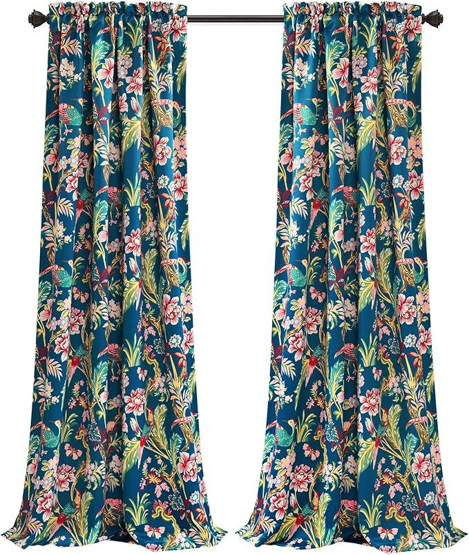 Lush Decor Dolores Light Filtering Window Panels, Pair, 52" W x 108" L, Navy & Multi - Floral Curtains for Bedroom - Vintage Curtains - Coquette Room Decor