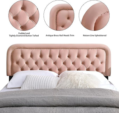 BeyetseaTufted Upholstered Pink King Headboard only-Button Solid Wood HeadBoards with Adjustable Height-Modern Velvet Padded Bed Head Boards-Easy Install&Nailhead