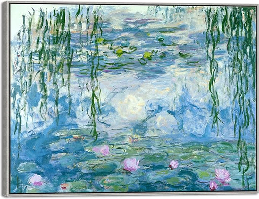 Wieco Art Large Silver Framed Canvas Print Water Lilies by Claude Monet Paintings Reproduction Modern Abstract Canvas Wall Art for Home and Office Decoration Artwork
