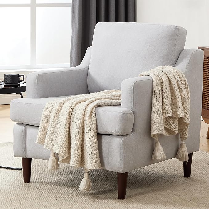 Mid-Century Accent Chair Modern Linen Fabric Armchair for Living Room,Comfy Upholstered Reading Chairs for Bedroom,Single Sofa Chair with Wood Legs (LightGrey, Set of 2)