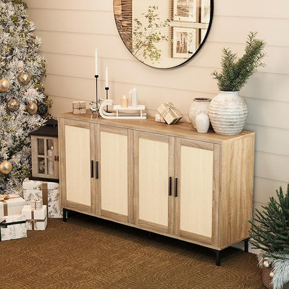 JASIWAY Sideboard - Kitchen Buffet Cabinet with Rattan Decorated Doors, Accent Cabinets with Doors, Coffee Bar Cabinets Rattan Sideboard Buffet Cabinet with Storage (Natural with 4 Doors)