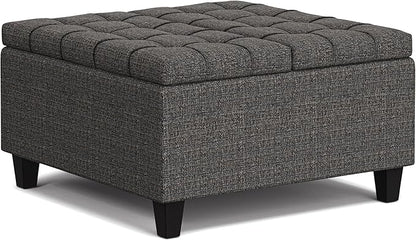 SIMPLIHOME Harrison 30 inch Wide Transitional Square Small Coffee Table Storage Ottoman in Ebony Tweed Polyester, Assembled, for The Living Room and Bedroom