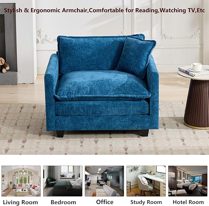 Aoowow Chenille Upholstered Accent Chair Oversized,Fluffy Single Cloud Sofa Chairs with Deep Seat,Modern Large Reading Arm Chair with Throw Pillow for Living Room,Bedroom (Blue, Single Sofa Chair)