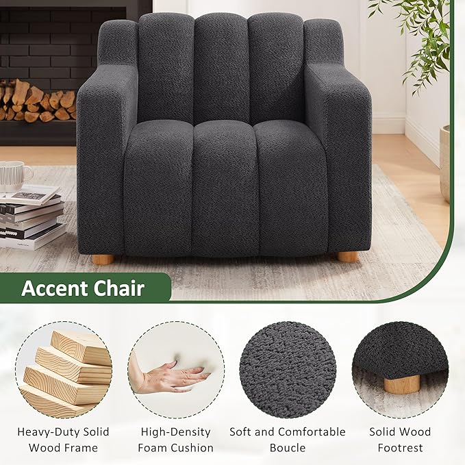 VANOMi Oversized Accent Chair, Modern Living Room Chairs, Comfy Boucle Fabric Upholstered Armchair for Bedroom, Office, Waiting Room (Dark Gray)