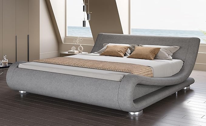 SHA CERLIN King Size Upholstered Bed Frame, Deluxe Low Profile Sleigh Bed with Linen Ergonomics Headboard, No Box Spring Needed & Easy Assembly, Grey