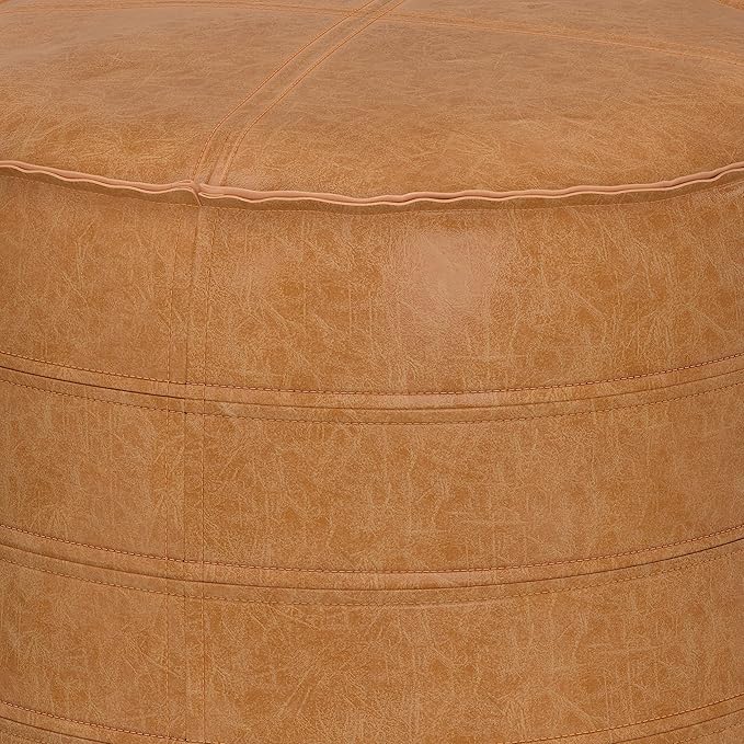 SIMPLIHOME Brody Boho Round Pouf in Distressed Brown Vegan Faux Leather for the Living Room, Bedroom and Kids Room