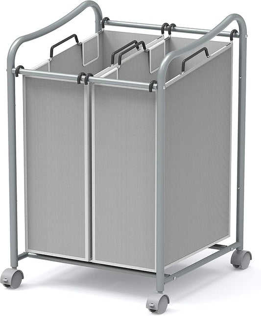 Simple Houseware 2-Bag Heavy Duty Rolling Laundry Sorter Cart, Silver – 2 Section Removable Bags and Lockable Wheels for Laundry Room Organization