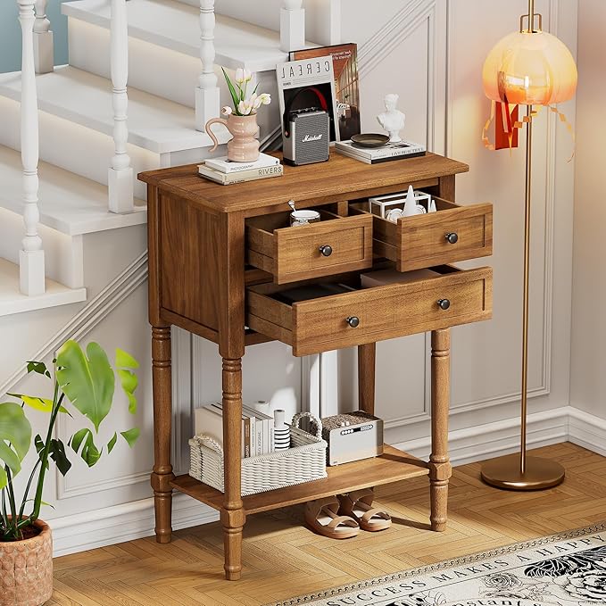 Knocbel Slim Antique Entry Console Table with 3 Drawers & Bottom Open Shelf, Solid Wood Narrow Sofa Couch Table for Entryway Hallway Living Room 23.7" W x 13" D x 31.4" H Natural