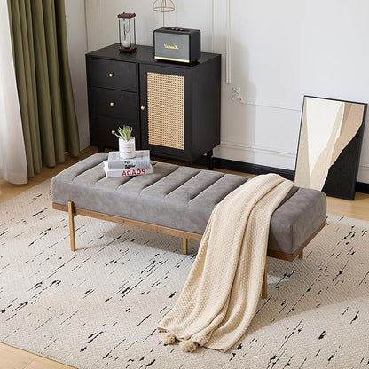 Christopher Knight Home Neapo Bench Ottoman, Rectangular Ottoman, Spacious Seating Chair, Upholstered Footstool, Tufted Bench with Gold Legs for Bedroom Living Room Entryway Hallway, Grey+Gold