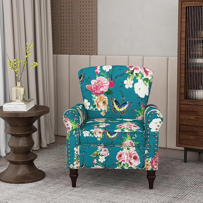 Accent Chair, Upholstered High Back Floral Armchair with Nailhead Trim & Wood Legs, Comfy Wingback Reading Single Sofa Chair for Small Spaces, Living Room, Bedroom (Blue Floral, Set of 2)
