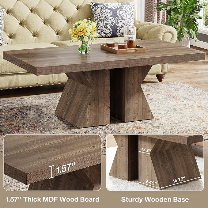Tribesigns Wood Coffee Table, 47-Inch Rectangular Center Table with Thick Wooden Base, Farmhouse Wood-Look Cocktail Table for Living Room (Brown)