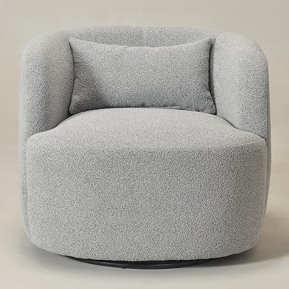 KINWELL 34" Wide Sherpa Swivel Barrel Chair, No Assembly Round Boucle Upholstered Accent Chair Armchair Single Sofa Chair with Toss Pillow for Living Room and Bedroom, Gray