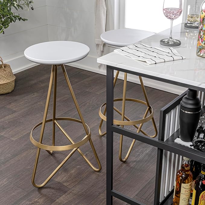 JONATHAN Y BSL1000D Spiroa 30" Modern Industrial Metal Backless Circular Bar Stool for Home, Kitchen, Dining Room, Workspaces, Cafes and Resturants, White Seat with Gold Frame