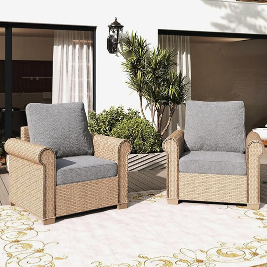 Patio Furniture Set 2 pcs, Wicker Rattan Outdoor Sofa Furniture with 5.5” Thick Cushions, 2 Chairs Outdoor Conversation Set for Garden Backyard Deck, Grey