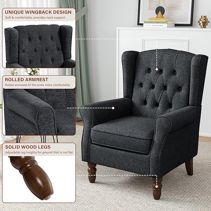 High Back Accent Chairs Set of 2, High Wingback Chair for Living Room, Button-Tufted Upholstered Fabric Armchair with Solid Wood Legs, Comfy Single Sofa Reading Chair for Bedroom, Dark Navy