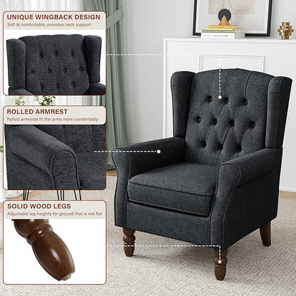 High Back Accent Chair, High Wingback Chair for Living Room, Button-Tufted Upholstered Fabric Armchair with Solid Wood Legs, Comfy Single Sofa Reading Chair for Bedroom, Dark Navy