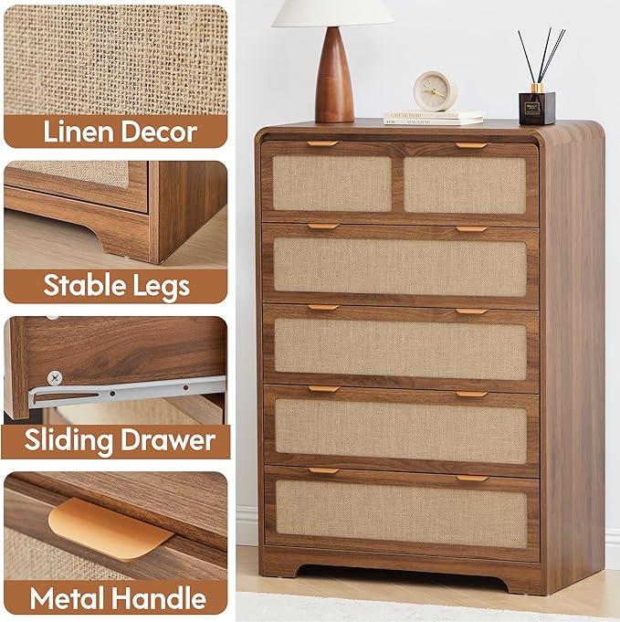 43" Tall Dresser for Bedroom, 5 Drawer Mid Century Modern Dresser with Natural Linen, Curved Wood Chest of Drawers Closet Clothes Storage Organizer for Living Room, Hallway (Walnut)