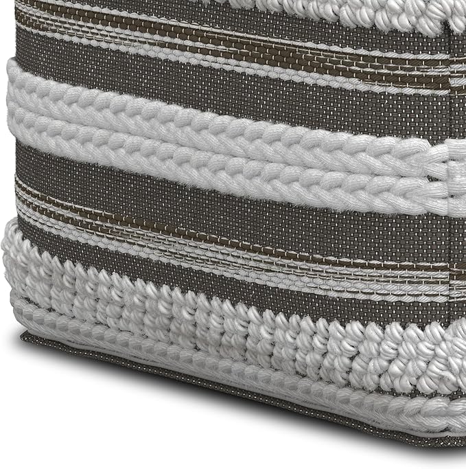 SIMPLIHOME Sommer Boho Square Pouf in Natural/Taupe Grey Handloom Woven Pattern for the Living Room, Bedroom and Kids Room