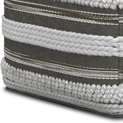 SIMPLIHOME Sommer Boho Square Pouf in Natural/Taupe Grey Handloom Woven Pattern for the Living Room, Bedroom and Kids Room
