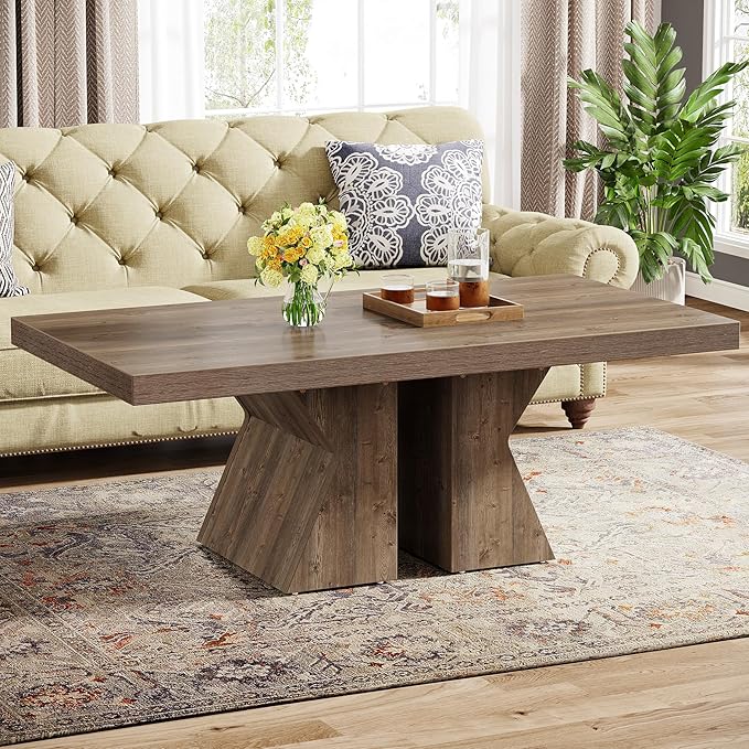 Tribesigns Wood Coffee Table, 47-Inch Rectangular Center Table with Thick Wooden Base, Farmhouse Wood-Look Cocktail Table for Living Room (Brown)